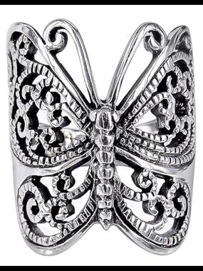 Silver Vintage Style Butterfly Filigree Statement Ring Adjustable